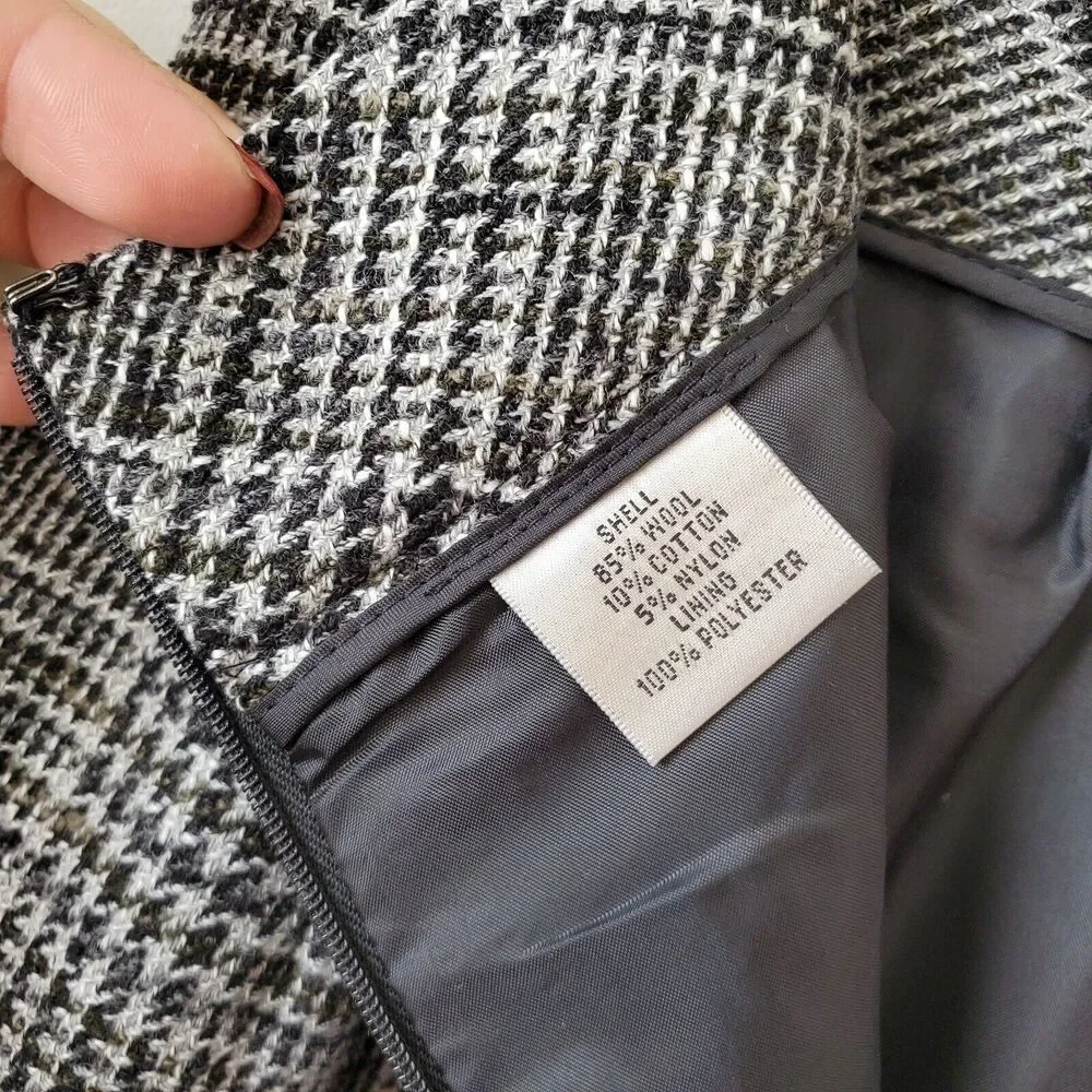 VTG 90s Gray Wool Tweed Houndstooth Pencil Skirt L 12 Retro Classic Old Money